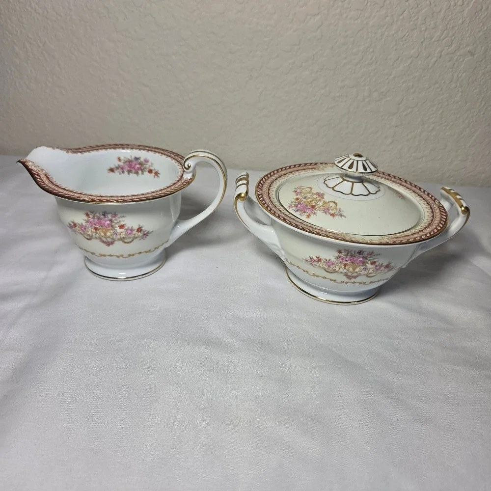 Noritake Vintage Floral Sugar Bowl and Creamer Set Gold Trim Made in Japan